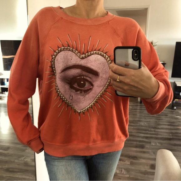 Wildfox Tops - Orange Sweatshirt Pullover Long Sleeve With Pink Heart and Eye by Wildfox Small